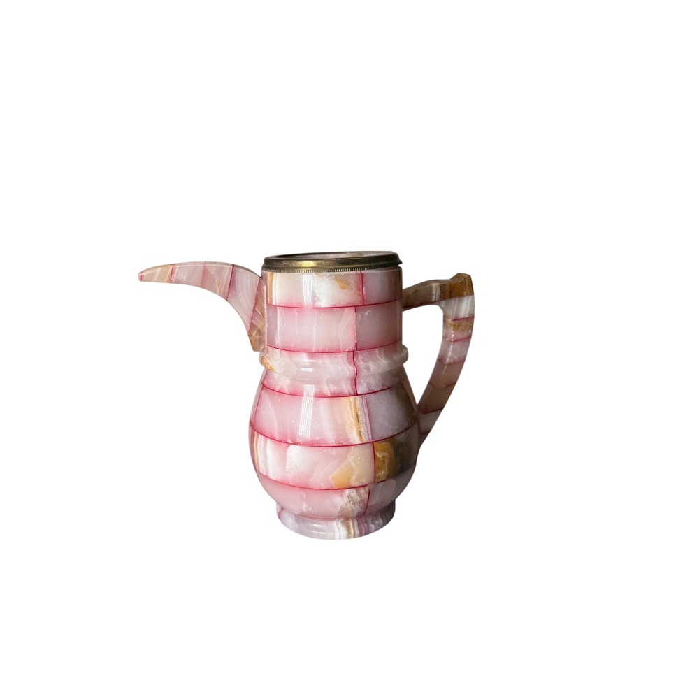 Vintage Pink Onyx Stone Pitcher Decorative Ewer Brass Rim Mosaic Banded 6in